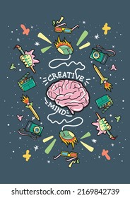 cartoon doodle of creative pink brain full color for designer, illustrator, painter, artist