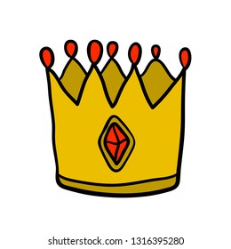 Cartoon doodle crown with diamond isolated on white background. Vector illustration. 