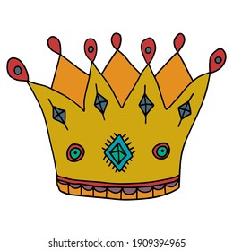 Cartoon doodle crown with diamonds isolated on white background. Vector illustration.  