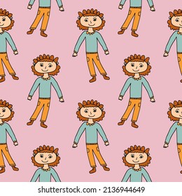 Cartoon doodle curly hair girl standing seamless pattern. Teenager background.