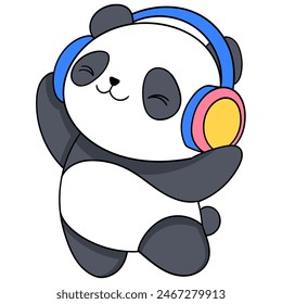 cartoon doodle of cute animal activities, panda is listening to music from headphones while dancing