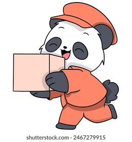 cartoon doodle of cute animal activities, panda becomes a courier delivering packages to customers