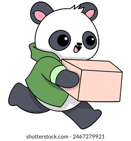 cartoon doodle of cute animal activities, panda delivery courier is carrying a package to a customer
