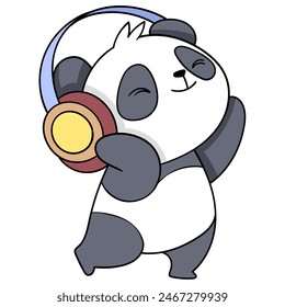 cartoon doodle of cute animal activities, panda is listening to music enjoying his favorite pop song