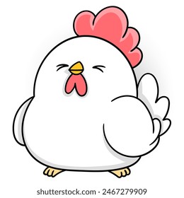 cartoon doodle of cute animal behavior, a fat white rooster happily welcoming the morning