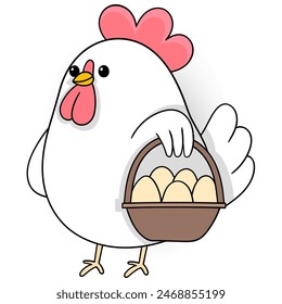 cartoon doodle of cute animals doing activities, a hen is walking carrying eggs