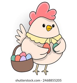 cartoon doodle of cute animals doing activities, a hen is walking carrying a basket filled with eggs