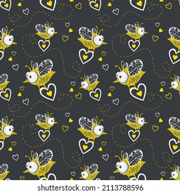 Cartoon doodle cute bees and hearts vector seamless pattern