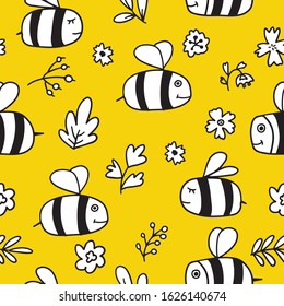 Cartoon doodle cute bees pattern. Cute seamless pattern with flying bees and different floral elements on yellow background. Hand drawn elementary illustration. 