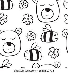 Doodle de caricatura adorables abejas y patrones de oso durmiente. Diseño perfecto con abejas voladoras y diferentes elementos florales sobre fondo blanco. Ilustración elemental dibujada a mano. 