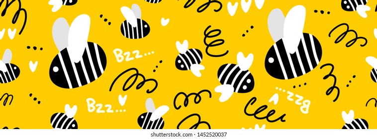 Cartoon doodle cute bees vector seamless pattern. Cute seamless pattern with flying bees on a yellow Background children's print for textiles.