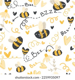 Doodle de dibujos animados adorables abejas vectorial sin fisuras. Patrón perfecto con abejas voladoras en una impresión para niños de fondo blanco para textiles.