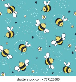 Cartoon doodle cute bees vector seamless pattern