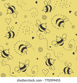 Cartoon doodle cute bees vector seamless line pattern