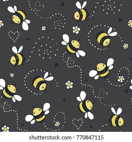 Cartoon doodle cute bees vector seamless pattern