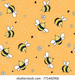 Cartoon doodle cute bees vector seamless pattern