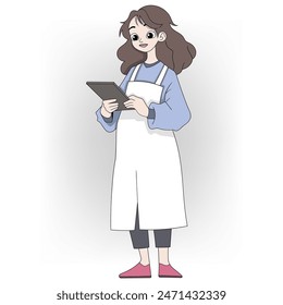 cartoon doodle of daily human activities, mother is wearing an apron ready to cook, standing holding a food recipe note