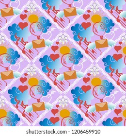 Cartoon doodle decorative vector seamless pattern. Colorful light background. Envelope with wigs, musical notes, clouds, sun, love hearts, balloon, flowers.  Tiled ornament with lace frames