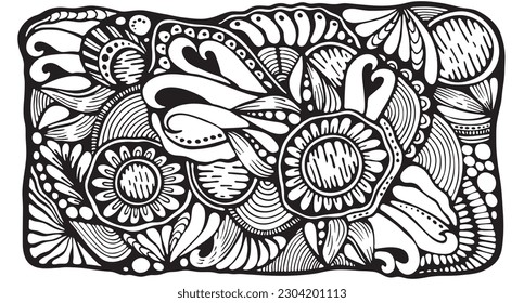 Cartoon doodle designe pattern. Detailed compositions with lot of flower, leaf and symbols. Horisontal banner. Template for card, invitation