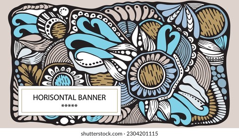 Patrón de diseño del doodle de dibujos animados. Composiciones detalladas con muchas flores, hojas y símbolos. Banner hipotético. Plantilla para tarjeta, invitación