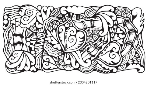 Cartoon doodle designe pattern. Detailed compositions with lot of flower, leaf and symbols. Horisontal banner. Template for card, invitation
