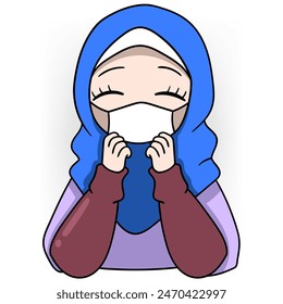 cartoon doodle of a disease virus attacking humans, a Muslim girl wearing a hijab is sneezing and catching a cold