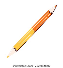 Cartoon doodle double ended pencil art tool with yellow and orange ends for sketching or coloring. Vector illustration of double ended pencil creative sticker.