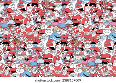 Cartoon doodle drawing cute santa claus seamless pattern vector background