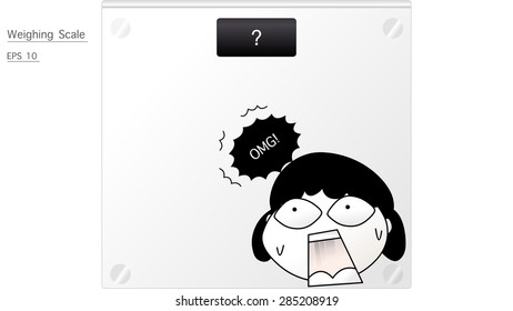 Cartoon doodle drawing of electronic glass weighing scale decorated with a shocked woman terrified by her heavy weight clip art. Health care concept, start exercising, workout, lose fat, fit your body
