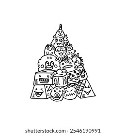 Cartoon doodle drawing of a pyramid-shaped pile of cute creatures.