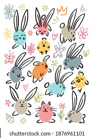 Cartoon doodle easter egg bunny, chicken, cat, dog flowers, crown, leaves. Vector doodle illustration. Black outline bunny ears, nose, legs. Cute easter funny colorful spring hand drawn sketch.