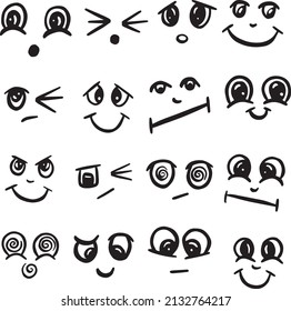 Cartoon Doodle Emoticon Kawaii Faces and Eyes Icon Logo Collection