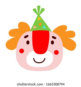 Cartoon doodle emotional clown head with hat, vector illustration.
