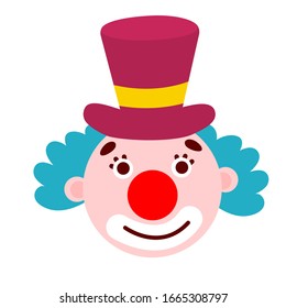 Cartoon doodle emotional clown head with hat, vector illustration.