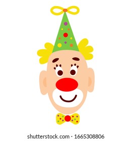 Cartoon doodle emotional clown head with hat, vector illustration.