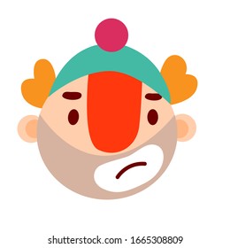 Cartoon doodle emotional clown head with hat, vector illustration.