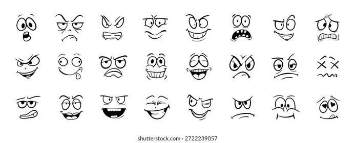 Expresión de la cara del doodle de la historieta. Cara cómica emocional con ojos, boca, lengua y dientes. Personajes felices, tristes y enojados por las emociones. Conjunto de Vectores