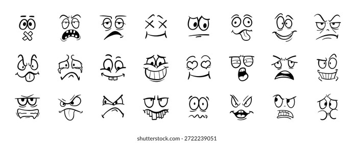Expresión de la cara del doodle de la historieta. Personajes felices, tristes y enojados por las emociones. Cara cómica emocional con ojos, boca, lengua y dientes. Conjunto de Vector.