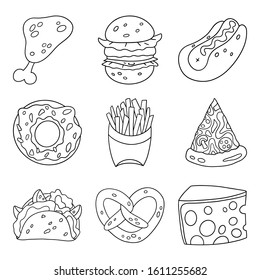 Cartoon doodle fast food set. Design element. Vector illustration isolated on a white background.