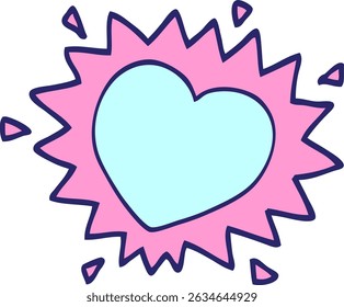 cartoon doodle flaming heart in bright neon colors
