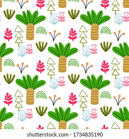 Cartoon doodle forest seamless pattern. Trees, bushes, leaves, flowers in Scandinavian childlike style background. Vector illustration.   