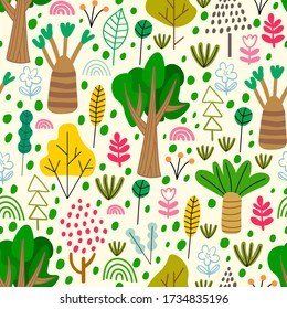 Cartoon doodle forest seamless pattern. Trees, bushes, leaves, flowers in Scandinavian childlike style background. Vector illustration.  