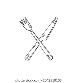 Cartoon doodle of a fork and knife crossed over, restaurant logo concept.