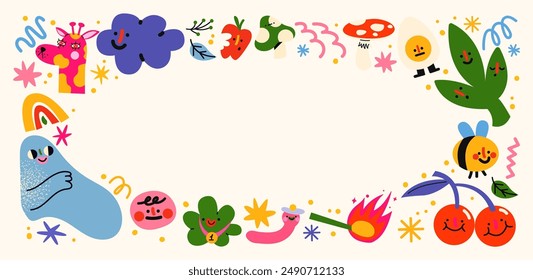 Cartoon doodle frames banner in the retro groovy 90s style. Hippie comic  design elements, flowers, pets, fruits. Acid bright sticker pattern	
