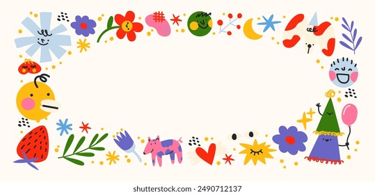 Cartoon doodle frames banner in the retro groovy 90s style. Hippie comic  design elements, flowers, pets, fruits. Acid bright sticker pattern	
