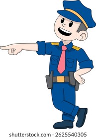 Desenho animado de um policial amigável de pé e apontando para dar a direção, simbolizando o serviço público e assistência comunitária.