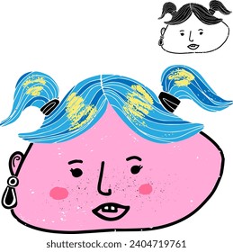 Cartoon doodle girl with colored hair. Stylization. Vector element. Crayon texture