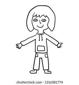 Cartoon doodle girl in a hoody isolated on white background. Vector illustration.  