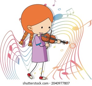 Cartoon doodle a girl playing violin with melody symbols on white background illustration