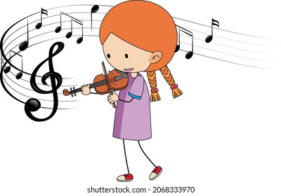 Cartoon doodle a girl playing violin with melody symbols on white background illustration